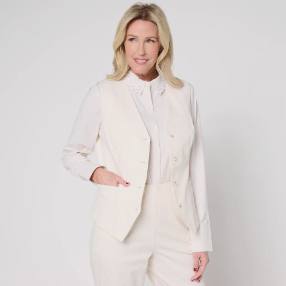 BEAUTIFUL by Lawrence Zarian V-Neck Button Front Vest-Soft Sand-Large-A680686